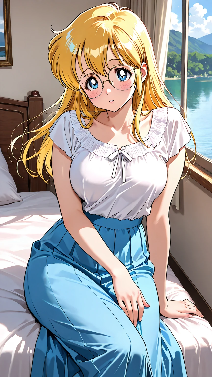a beautiful blonde woman in white haired head gear sitting on a bed, 1girl, solo, blonde hair, long hair, twin braids, braid, sitting, looking at viewer, hat, shirt, breasts, indoors, blush, blue eyes, white shirt, on bed, baseball cap, long sleeves, window, collarbone, bangs