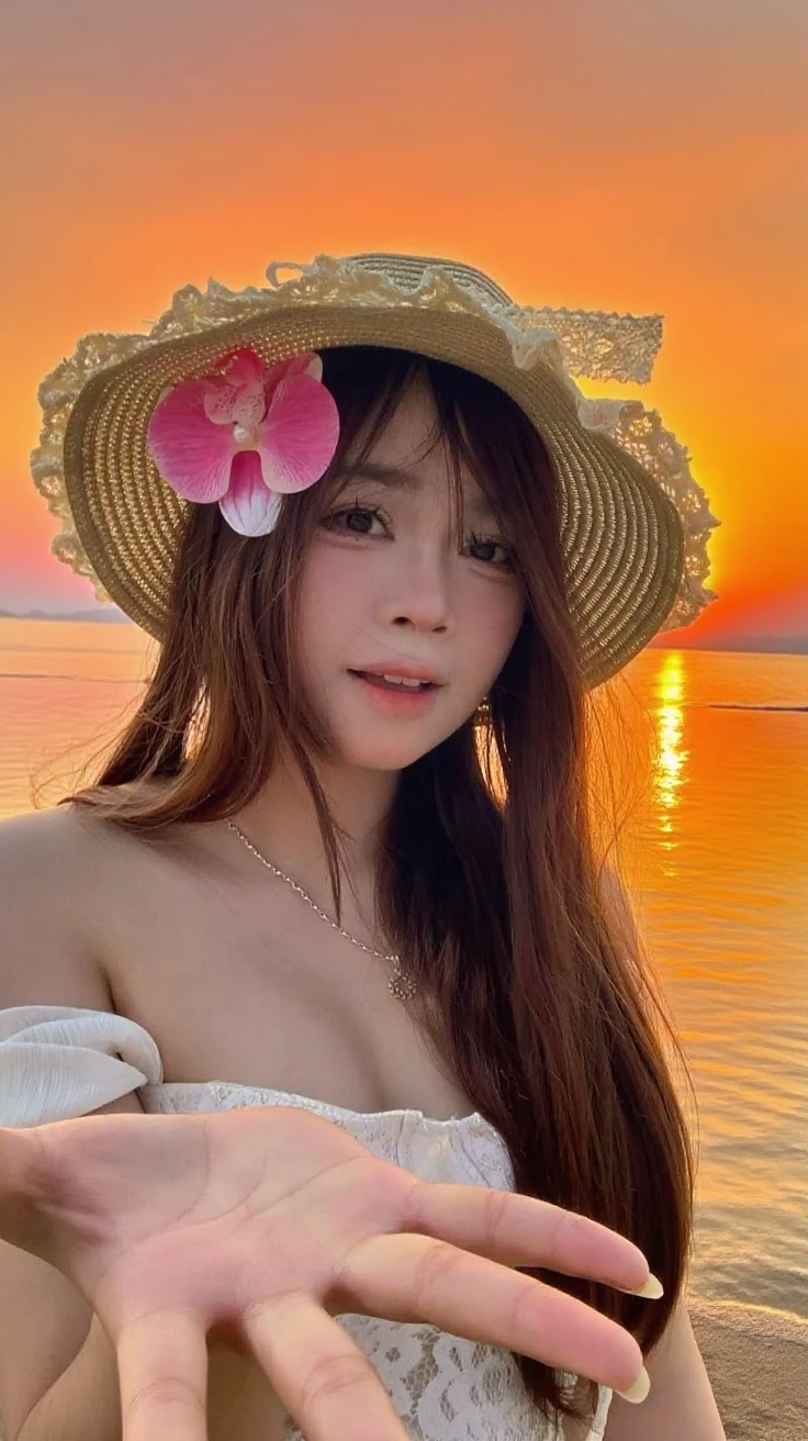 arafed woman com cabelo ruivo and a straw hat standing in the ocean, Sun Yunjoo, ela tem cabelo longo redoranjado, Jinyoung Shin, com cabelo ruivo, with straw hat, heonhwa choe, Jaeyeon Nam, parque roseanne de blackpink, jossi do blackpink, jennie blackpink, Tae June Kim, imagem vazada, estacionar a partir de-min