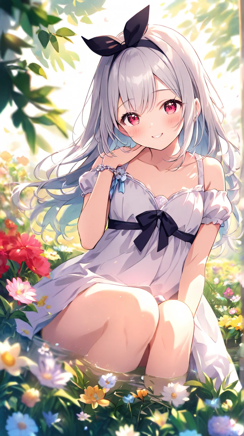 ((NSFW)),((White hair)),((teats)),(((loli,childish))),Little girl in red and white dress with bouquet of flowers, girl in flower, picking a flower, Holding flowers, picking up a flower, girl standing in a flower field, girl standing in a flower field, Flowers on the cheeks of heirs, girl in flower field, girl in flower field,girl walking in forest, Girl with flower head,((White panty)),(((Cameltoe)))