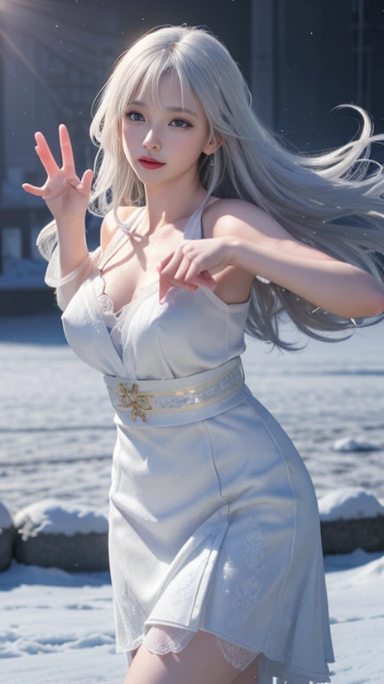 best quality, tmasterpiece,Ultra-high resolution,Clear face,(Reality:1.4),ferpect lighting,(upper body shot:1.5), (photorealistic:1.50), anime wallpaper, Guviz style artwork, cover-up fantasy up to magic , by Yang J, Guviz, beautiful artwork illustration, beautiful digital artwork, beautiful digital illustration, Li Song, beautiful anime portrait, art style in Beauvot, WZRYdiaochanYJHX,1girl,独奏,jewelry,bell,bracelet, silver hair,pants,navel,long hair,hair ornament,midriff,looking at viewer,blue eyes,cityscape,night,mature female,cowboy shot,jewelry,
