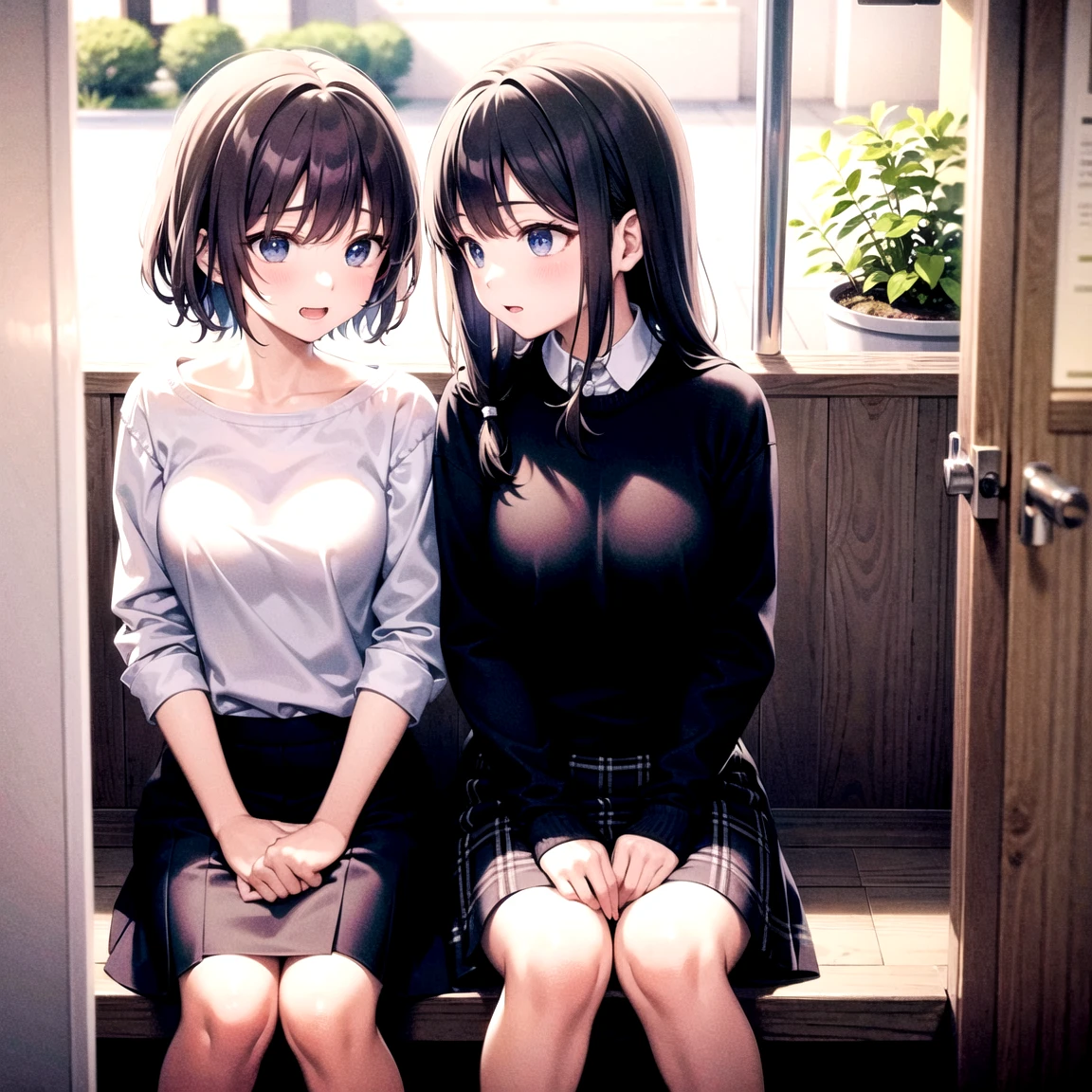 (8k、masterpiece、Highest quality、Super detailed、Professional Lighting、Beautiful Face)、 Black gal(Dark Skin:1.2)、(Oily skin、Glowing Skin、Glowing Skin、Sweat:1.2)、、(correction:1.1)、Nipples(short、small、small:1.2)nsfw、Two beautiful 18 year old girls、(Group shot:1.2)、(sweater:1.2)、(Tiered flare skirt)、(Gorgeous detailed embroidered panties)、(Skirt Lift:1.5)、Put your hand on your skirt、(Panty shot)、Panty Focus、plump、pubic hair、smile、Black short hair、Pee、Voluminous straight hair、Parted bangs、Lip gloss、Pale skin、Glowing Skin、