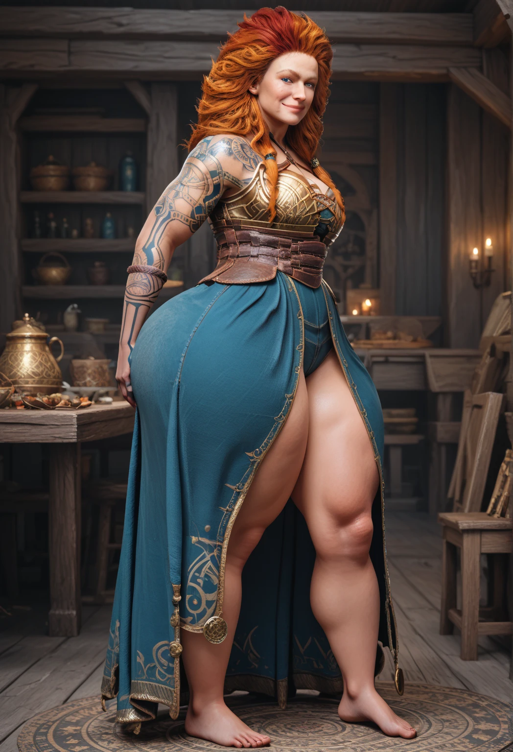 Beautiful, curvy ginger-haired ((dwarven woman)) in her 30s, with green eyes and striking features, exuding maturity and allure in a seductive pose against a dark red background. She has a (((short stature)) and a (chubby build).