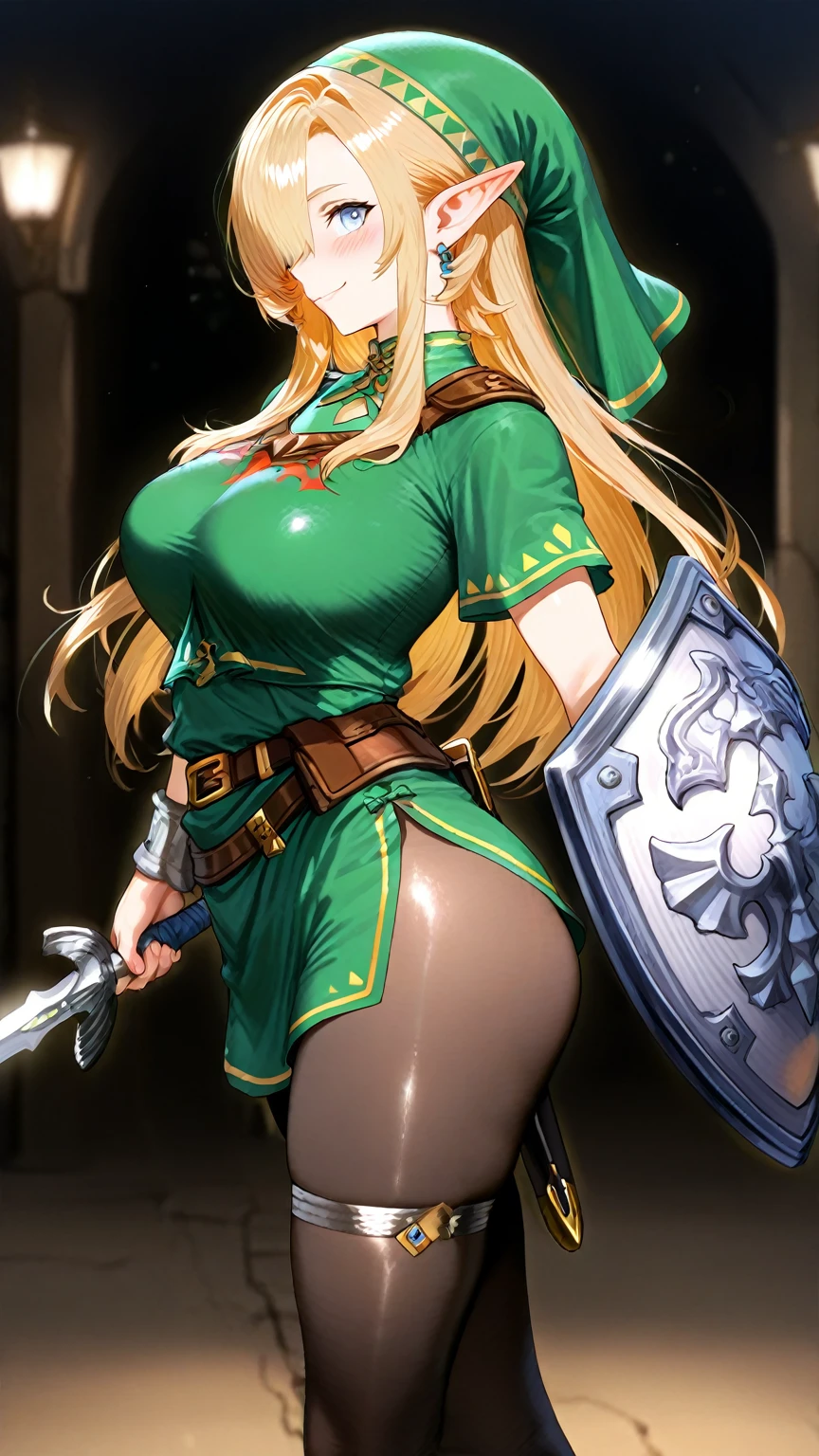 1 girl, solo, Big round breasts, curvy hips, slim waist, realistic, bright blonde hair, bright green eyes, amazing big eyes, eye details, eyebrow details, crop top, pink skirt, parted lips, blush, confident, dominant, bdsm, smirk, naughty, mischevious face