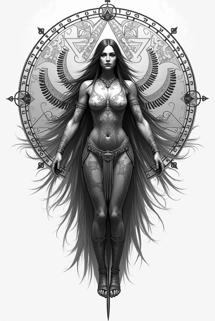 Create a Kabbalah tattoo with a beautiful woman with long hair in front of you in a bold design format 