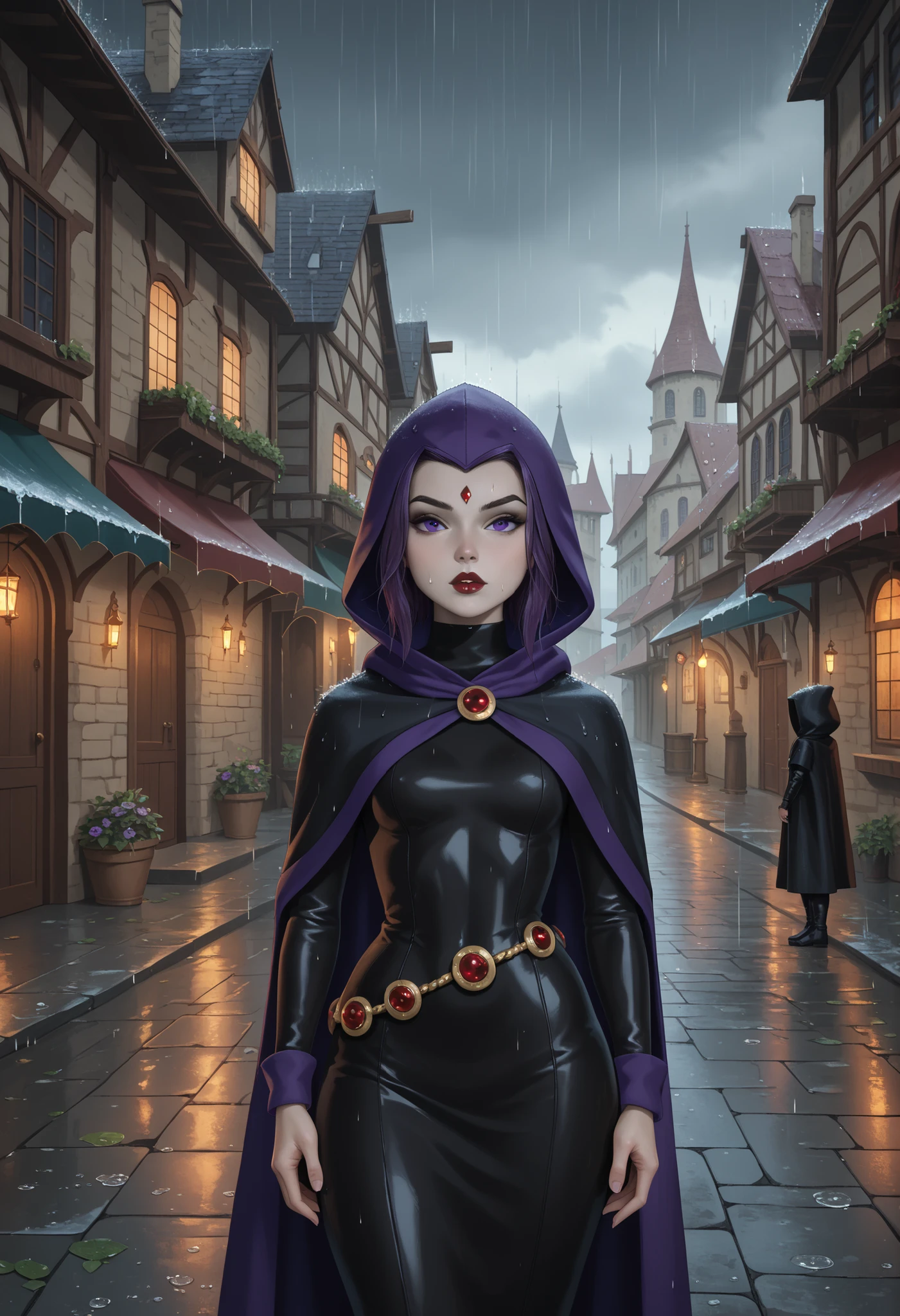 rachel roth, colored skin, grey skin, purple hair, medium hair, forehead jewel, purple eyes, small breast, huge hips, dark red lips.| score_9, score_8_up, score_7_up, fantasy rogue, dressed in dark leather clothes, a black cloak and hood draped upon her, face almost hidden under hood, standing almost hidden in a dark alleyway of a medieval town, raining, masterpiece, best quality, amazing quality, cloak , hood , hood up , hand on hood, Villagedarkmb, Outdoors, scenery, building