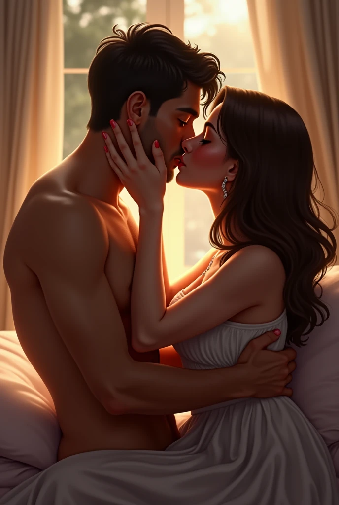 A woman sitting, with a man kissing the back of her neck while holding her waist with one hand.