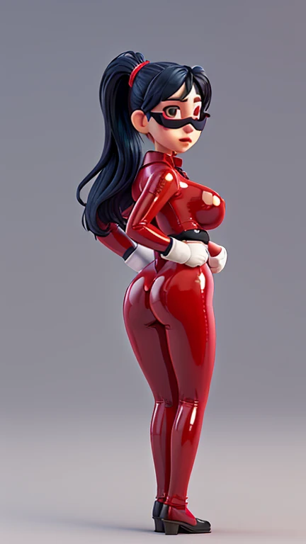 Digital illustration of a female Bayonetta White character with muscular build, wearing a tight latex jumpsuit. She has long black hair with two braids and latex gloves. His facial expression is serious, with blue eyes and a determined look. The character's skin is light and she has red latex paint on her legs. The illustration is highly detailed, focusing on the character's strong physique and intense expression. anime, anatomically correct, super detail, high quality, 4K