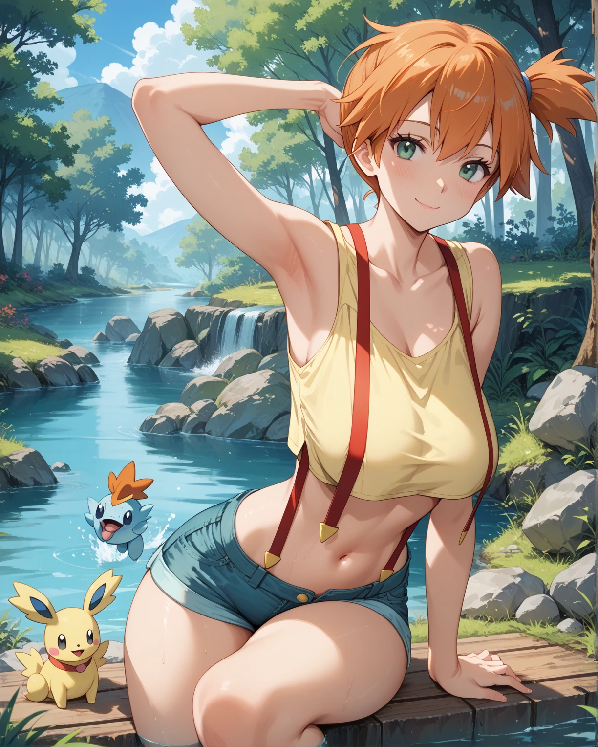 masterpiece, best quality, highres, 1girl, misty (pokemon), orange hair, 1girl, Sexy, , 14yearold Misty from pokemon is wearing a lewd swimsuit and is having sex with male Pikachu at a playground for her first porn. open legs, nipples. 1 male Pikachu. inter-species sex.
