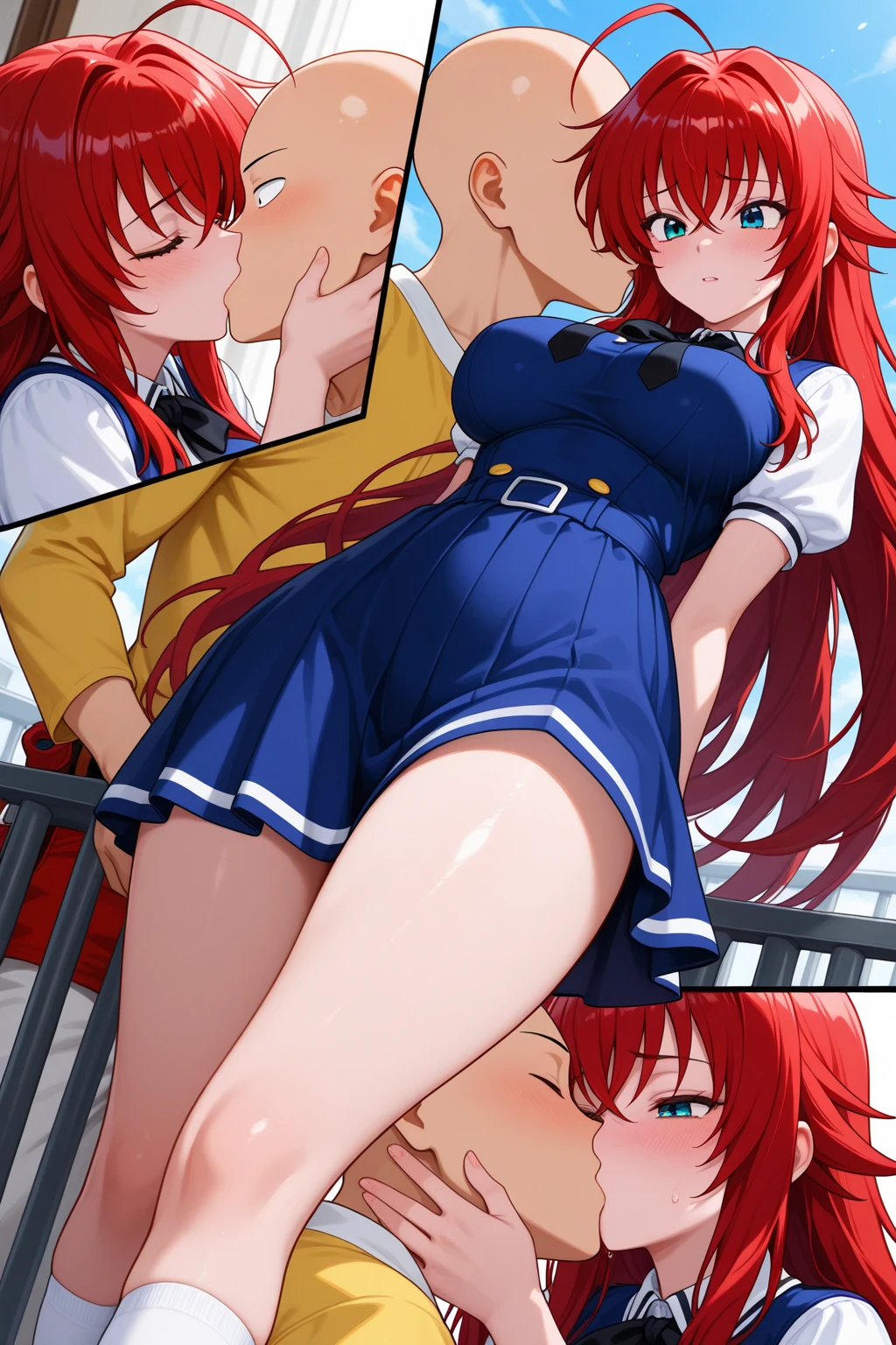 ((((masterpiece, best quality)))), girl, (15 years old), (skinny), (orange hair), (long hair), (wavy hair), (blue eyes), ((large breasts)), (blue dress), red earrings, (((nsfw))), ((1boy)), (((vaginal, sex))), ((rape)), (imminent vaginal), hetero, nipples, blush, on back, lying, missionary, ((despair)), ((gangbang,5boys))