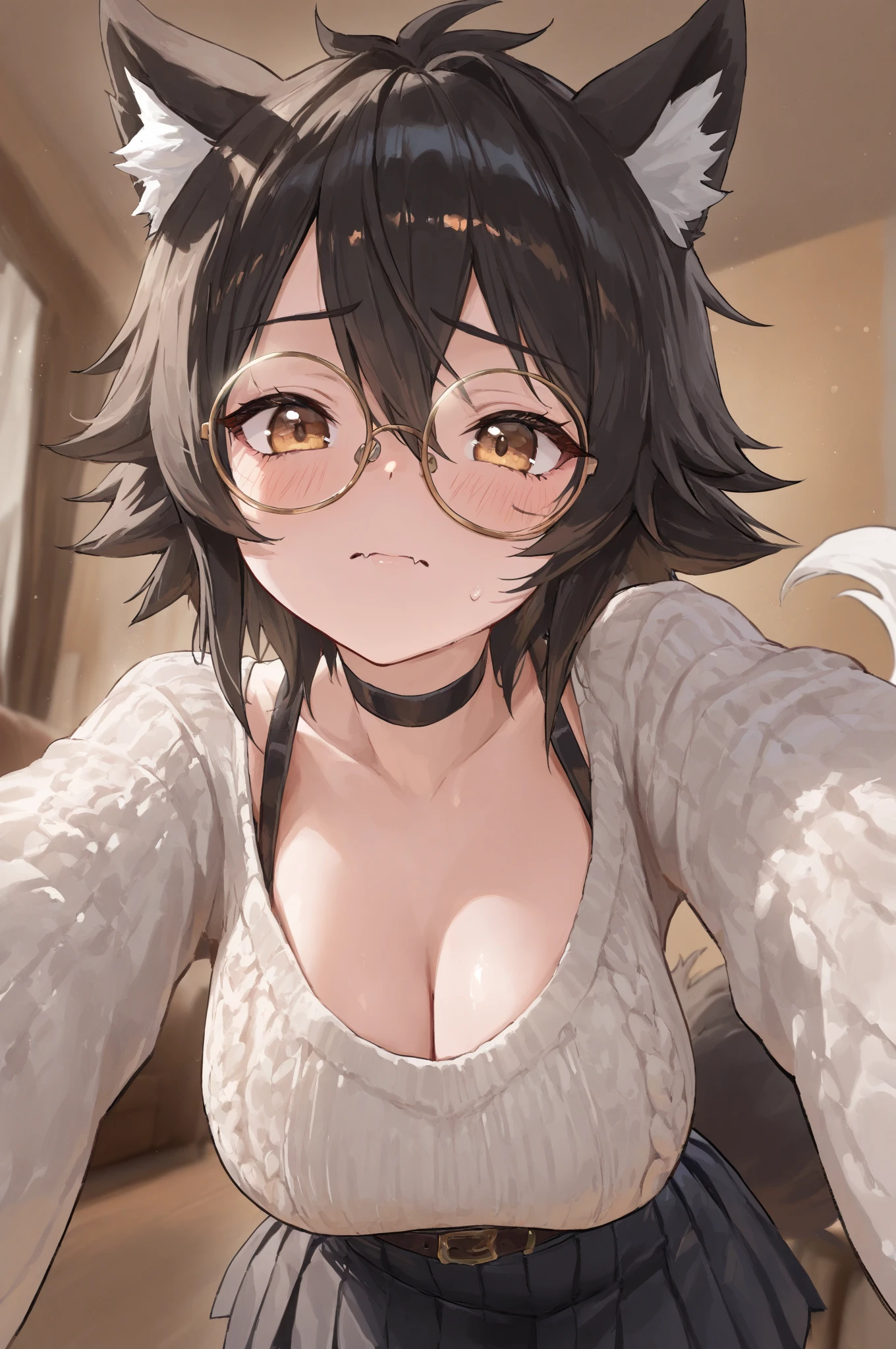 (A furry girl sitting, leaning backwards)), short black hair, wearing a pink choker, wearing pink bra, wearing pink thongs, wearing glasses, ( average body type ), ( Average size breast ),((shy, embarrassed, wet, blushing, mouth open, lewd, drooling mouth, chest is wet, sweating)), side view shot,sexy poses, lone world, wearing oversized pink bra, lonely world, nobodys in the world only her, nobody is there except only her, full body shot, wearing pink bra, busty