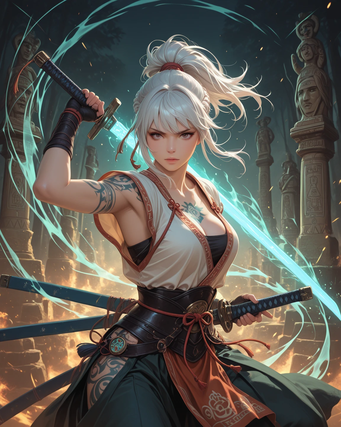 Photo of a hot woman , highlighted gray hair , samurai shoulder armor, holy soward,(big boobs :1.4), no bra, looking at viewer,particle,wind ,flames ,backlighting,rim lighting,upper body,hot pose