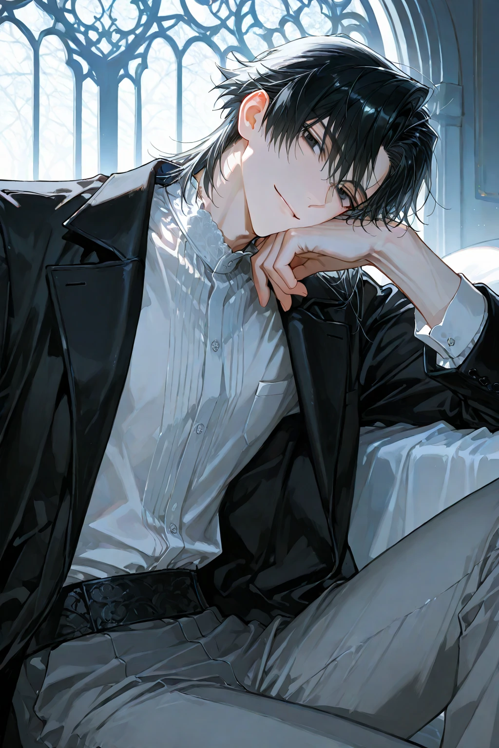 masterpiece , best quality , man , black dress shirt , black hair
