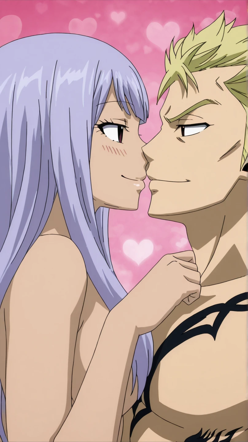 anime couple lying in bed hugging, sfw version.(anime) (my hero academia) An attractive young adult boy (little long reddish hair tied) (green eyes)(serious look)(cross tattoo on neck he is shirtless wearing black shorts barefoot ) lying on a bed hugging a girl (long light purple hair. violet eyes.lined under the eyes.violet dragon tattoo on neck.serious look with a blush.attractive) .Wear sexy black lingerie, big breasts.Sitting on the boy&#39;s lap.Elegant room background.