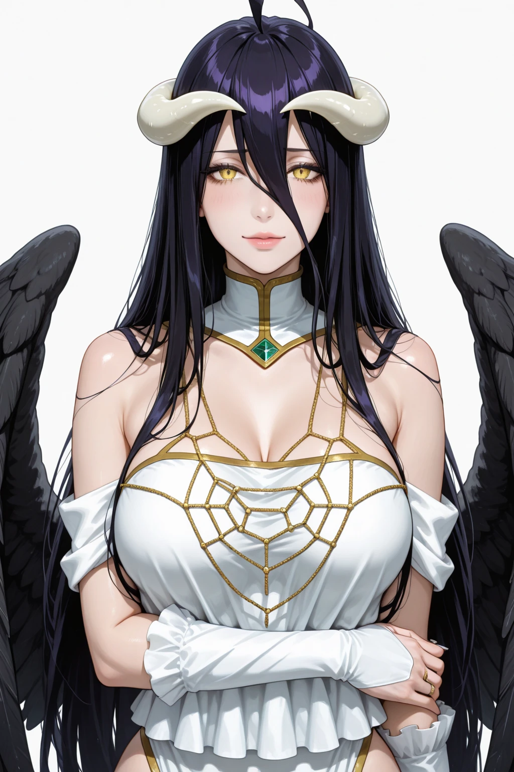 photo of a iom girl, Albedo from Nazarick, best highres, best highest quallity, illustration, cinematic light, ultra detailed, detailed face, sweet face, (detailed eyes:1.05), (realistic eyes:1.05), anime girl, best quality, hyper detailed, beautiful masterpiece, masterpiece, (detailed_face), highest details, luminous_eyes, medium breats, beautiful niples, an impeccable beauty, white clothes, lustrous jet-black hair and the face of a goddess, maniacal smile, lips parted, golden irises and vertically split pupils; on her left and right temples are two thick horns protruding crookedly, and on her waist are a pair of black angel wings, a pure white dress with silky gloves covering her slender hands and a golden spiderweb necklace that covers her shoulders and chest