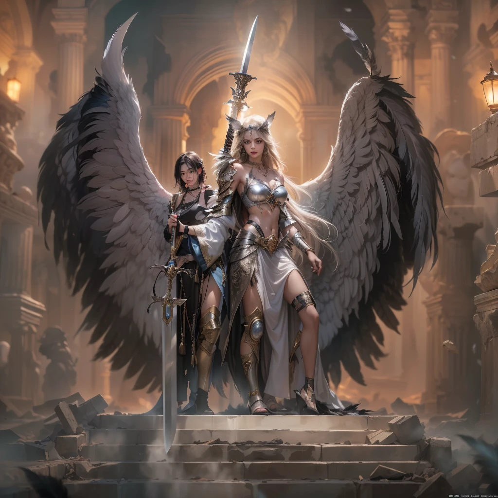 ((highest quality)),(ultra high resolution),(Super detailed),(detailed description),((best CG)),(best work of art),super precision art,amazing drawing art,(Fantasy art with precise details:1.5), (female demon knight:1.6),(female angel knight:1.6), Two people glaring at each other:1.5