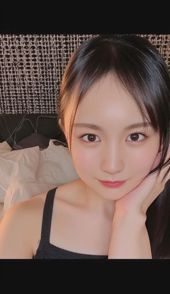 Best-quality, Masterpiece, Ultra-High-Resolution, (Photorealistic:1.9), Raw-Photo, 1girl, the most famous Japanese idol, face-focus, in hotel-room, wearing only loose-underwear with cute-design, innocent-smile, looking at viewer, extremely cute face like the most popular Japanese idol, the most beautiful big-black-eyes, extremely beautiful hair, extremely beautiful skins, extremely beautiful long-eyelashes, extremely beautiful lips, detailed loose-underwear, detailed hotel-room, detailed big-black-eyes