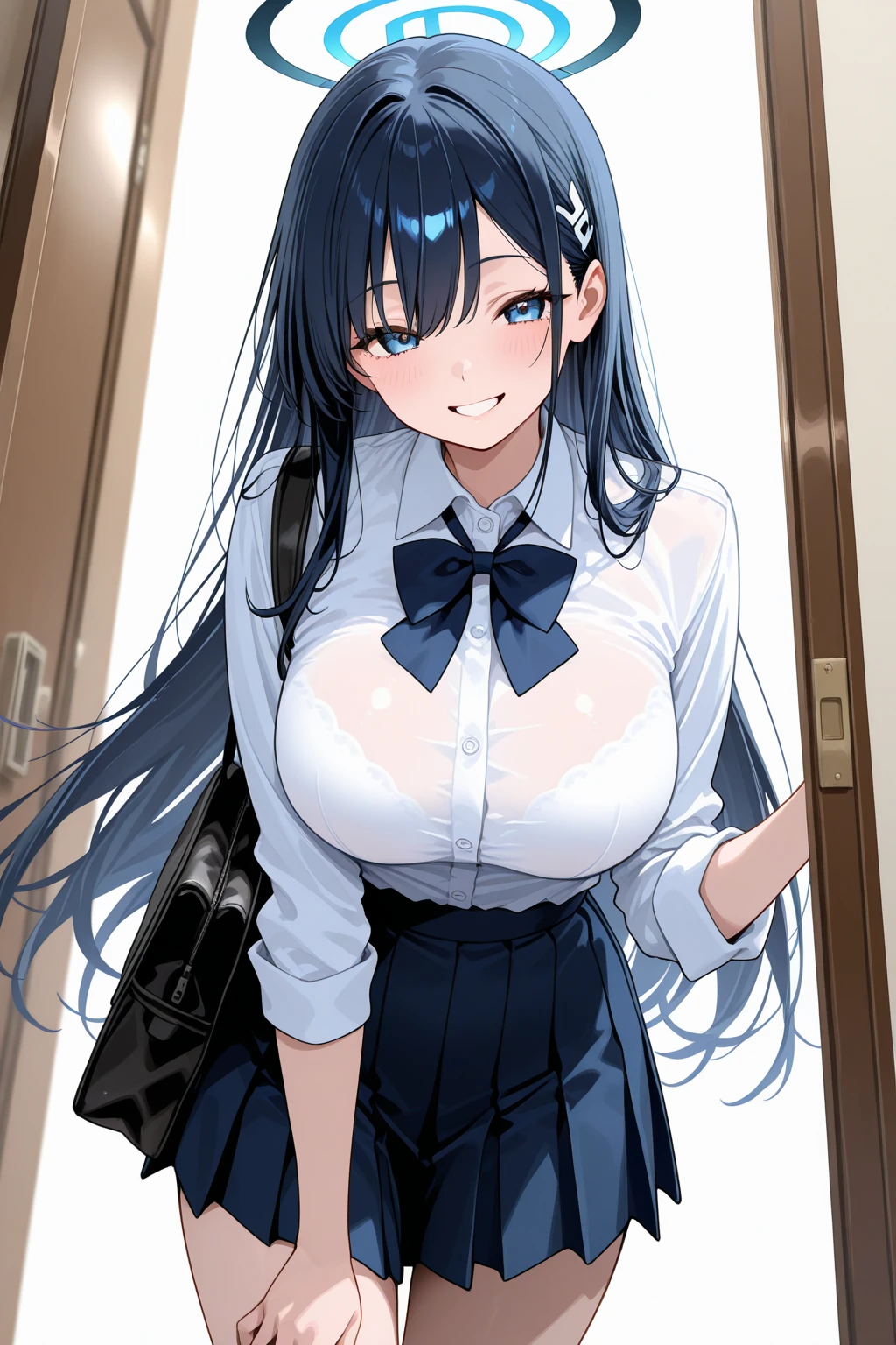 1girl, ((school uniform)), mature female, tall female, blue hair, dark blue hair, black hair, long hair, messy hair, wavy mouth, blue eyes, shy, timid, large breasts, thick thighs, pantyhose, arms behind back, white skirt, skirt, red necktie, necktie, blue jacket, pleated skirt