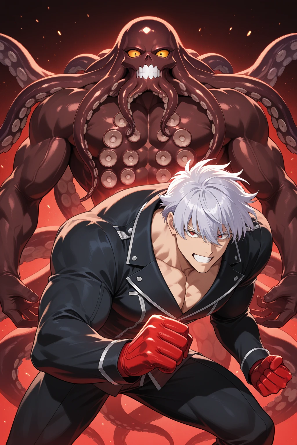 Toei animation style,(((Huge muscles))),Face the enemy,High definitionな顔,Hünkel,Handsome,good looking,((Huge penis,Anal Sex 1.7)),Crying face,Silver Hair,,8k,High definition,Masterpiece,Detailed Description,Spike Hair,tall,Under eye paint,Trembling,ハルクのようなHuge muscles,Black Tentacles,Sticking out tongue,Lean back,Spider Suit,Shaking his penis and scattering sperm,rape,Devilish wings,Cat ear,Partially torn armor,(((みぞおちにBlack Tentaclesが突き刺さる1,8))),Open your mouth wide,Unfocused eyes,A huge black tear,Muscular penis,bulging muscles,(((2boys)))
