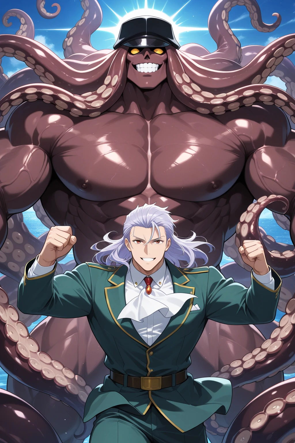 (((Hünkel,１６Year old boy))),bandage,Silver Hair,Hulk-like body,Huge penis,((Being pinned down by black tentacles)),Open your arms wide and clench your fists,Open your mouth wide,Wide, unfocused eyes,Many protruding veins,((Black tentacles attack from behind 1.5)),((A pitch black tentacle pierces my solar plexus:1.5)),Full body images,Painful expression,Huge erect penis,Lots of sweat, drool and semen,In the middle of the Colosseum,Gives off an evil aura,Standing karate stance,Toned Muscles,rape,Black slime monster behind,Thick, flowing black tears