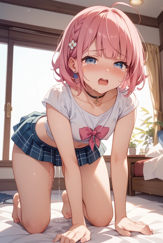 (((sweat))),((((embarrassing)))),(((steam)))、(((side ponytail)))、open your legs、face(((orgasm)))、front、、((((get down on all fours))))、(((vagina、sex)))、(((bare chest)))、Breasts peeking through the T-shirt、Girl with pink hair and green eyes dressed、sex、beautiful and attractive teen、big breasts、embarrassing