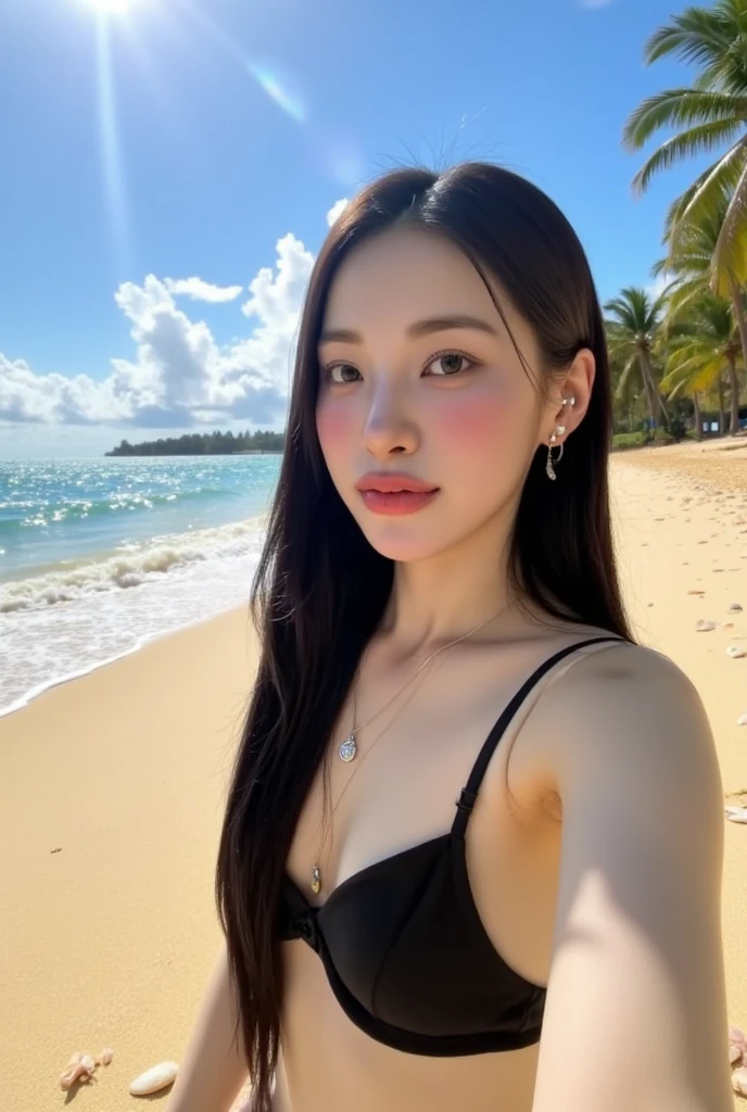 (Best Quality, 8K, 32 k, Masterpiece, UHD:1.2),Pretty Korean Woman Photo, Busty breasts, Long drooping black hair,upper half body,sface focus, necklaces, wearing bikini, Beach background, from above, looking up at viewer,