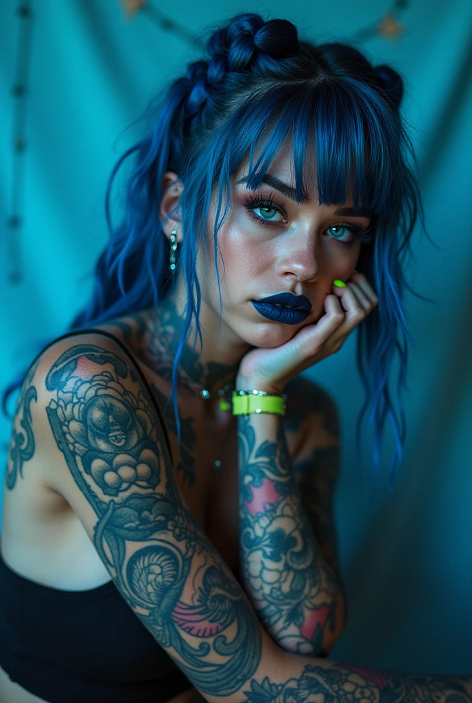 (masterpiece, best quality, photorealistic realistic,) 1 women, blunt bangs, black bra, blue hair, shiny brown eyes, cleavage, thin eyebrows, eyelashes, lace, licking lips, lingerie, lipstick, long hair, looking at viewer, makeup, nose, open mouth, orange background, red lips, single, tongue out, upper body, arm tattoo, blurred background, close up, chest tattoo, depth of field, makeup, motion blur, shoulder tattoo, tattoo, ear piercing, earrings
