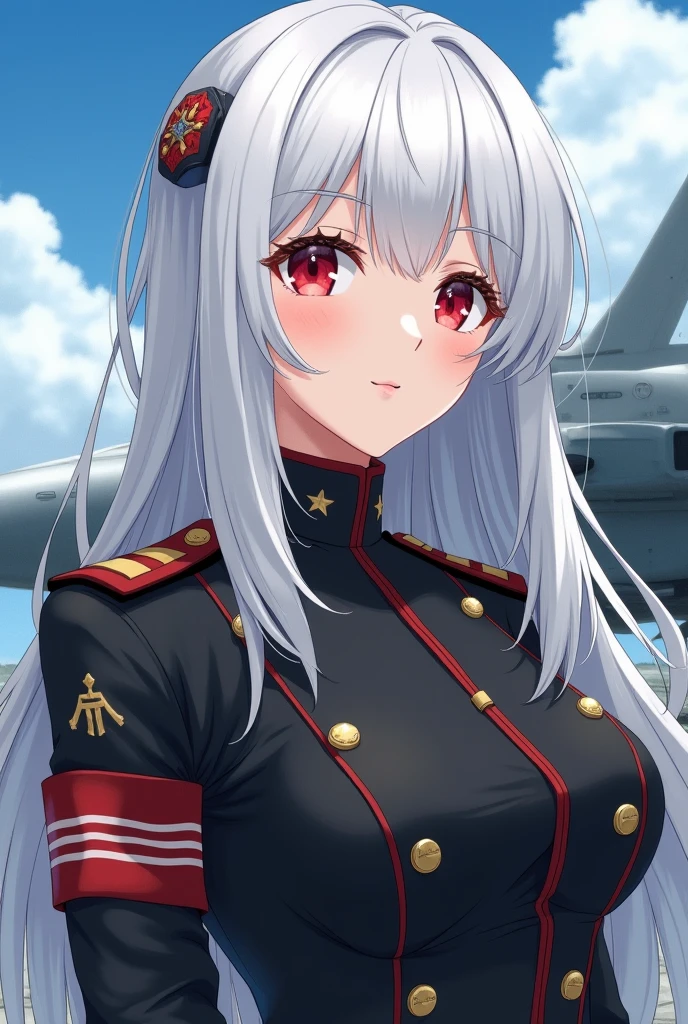 1girl, solo, ots-14\(girls&#39; frontline\), redgown, white coat, neckline, hands behind head, city in ruins background, complex background,