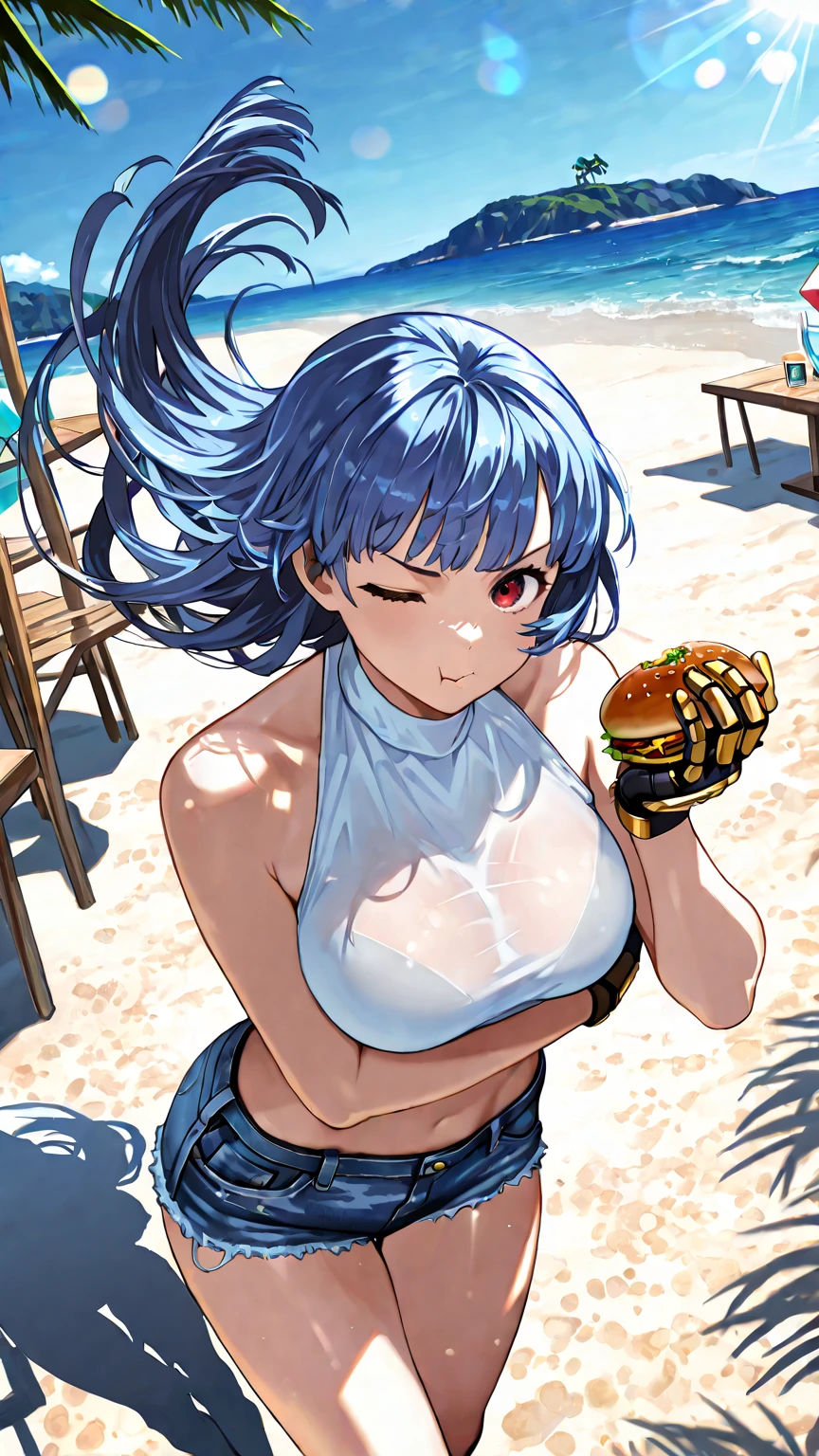 masterpiece, best quality, <lora:mast-nikke-richy-v2:1> mastswim, pink bikini, hair ornament, hairclip, choker, beach, chair, table, eating huge salad, huge breasts, closed eyes, happy, holding fork