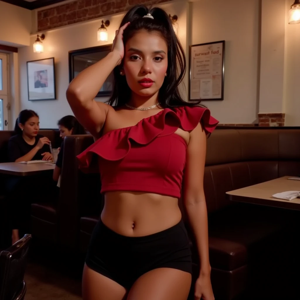 1 girl, red shirt, black skirt, cafe table, sunrise, black hair, straight hair, yellow eyes, solo, sitting on chair, looking at viewer, dramatic lighting, coffee on table