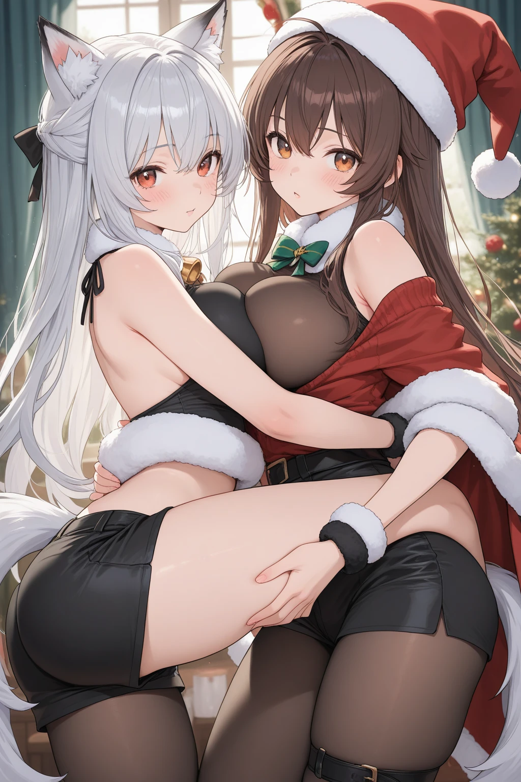 1 girl, Blonde hair, Long gray hair, White top, fur-trim, neck bowtie, Warm hat, pleatedskirt, mistletoe, holly, snow landscape, snowy night, Outdoor sports, wooden cabin, starrysky, White stockings, Lace, dainty neckLace, pleatedskirt, Fur jacket, holding a christmas gift, gift with bow, detailedbackground, ssmile, a pink eyes, Thick lips, , Wide hips, Hourglass figure, bonfires, jpn, cute girls, bluntbangs, Bimbo, Thigh thick, sitted