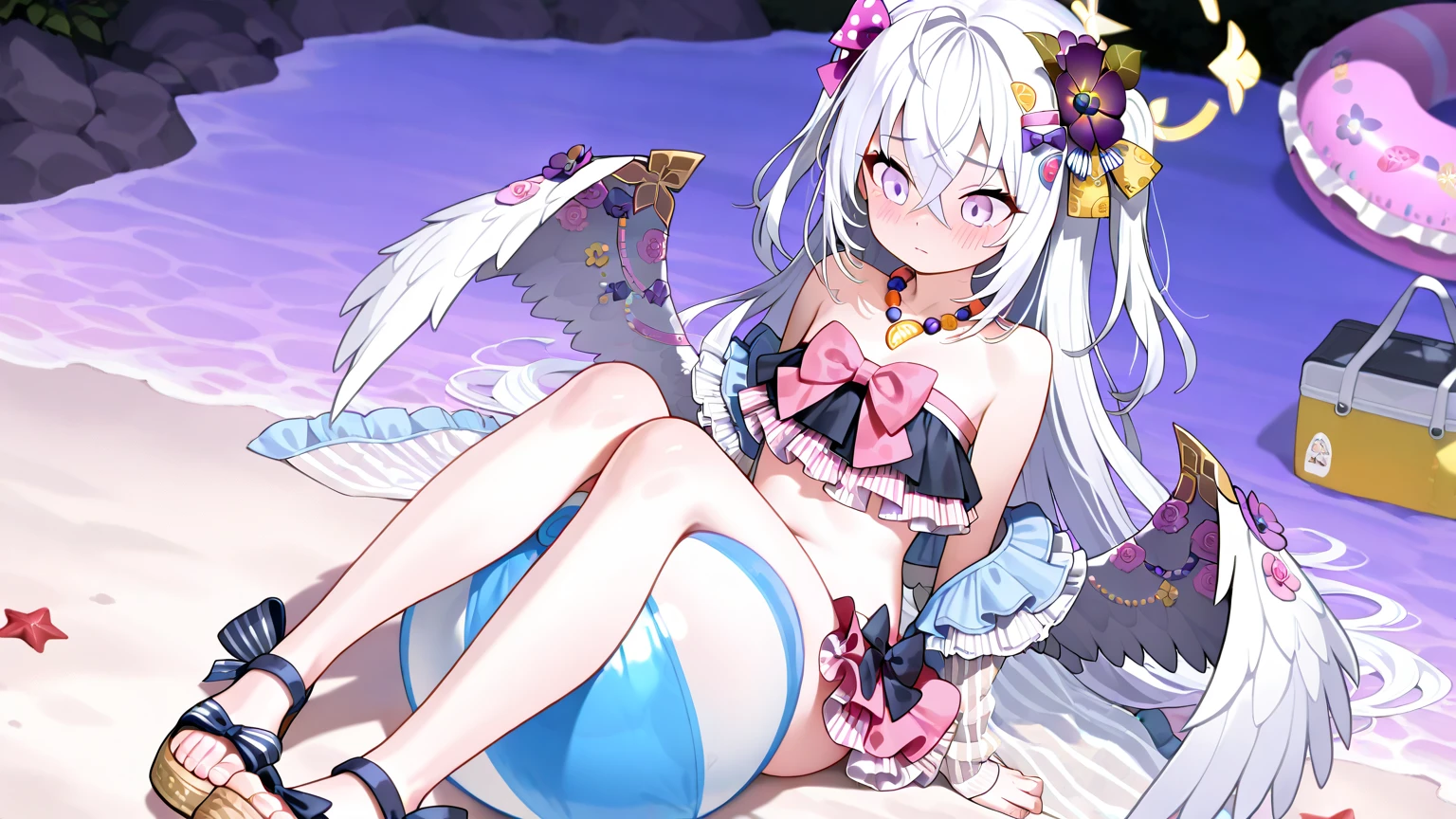 best quality, masterpiece, highres, solo, {azusa_bluearchive:1.15}, long_hair, hair_ornament, hair_between_eyes, flower, hair_flower, halo, wings, white_hair, purple_eyes, bangs, blush, purple_flower, white_wings, 1girl, bikini, collarbone, jewelry, looking_at_viewer, navel, necklace, swimsuit, breasts, ahoge, small_breasts, frilled_bikini, frills, smile