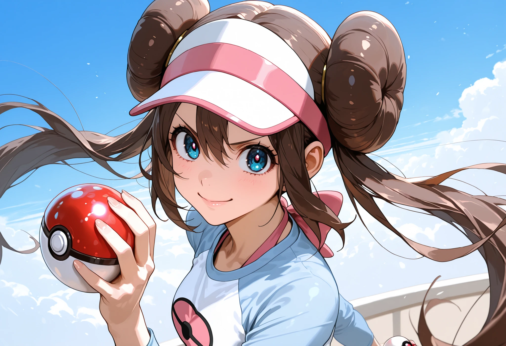 score_9, score_8_up, score_7_up, nh, holding a pokeball, upper body, v-shaped eyebrows, smile, face focus, 1girl, solo, rosa, brown hair, double bun, doughnut hair bun, hair bun, blue eyes, hair between eyes, twintails, raglan sleeves, white shirt, blue sleeves, long sleeves, visor cap, looking at viewer, sky, from above, floating hair