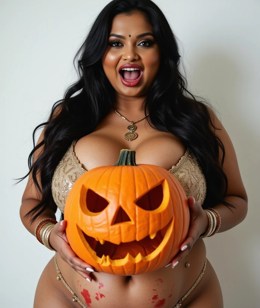 extreme close up photo of back of naked 30 years old naked nayanthara lying on big pumpkins with wide open spread ass anal from top view, hourglass figure, swooping breasts, deep cleavage, curvy, armpits, seductive eyes, ass, look at viewer lusciously, subtle smile, erotic standing having sex with big pumpkins with wide open spread legs, green vintage Saree, red lips, sultry, ponytail, 4K, HD