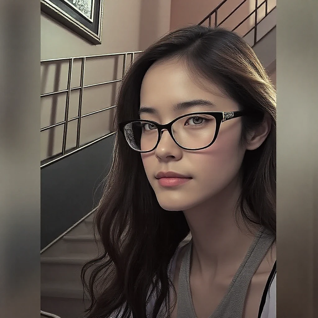Delicate painting, Beautiful girl, Long black hair, Wavy Hairstyle, Wearing black-rimmed glasses, smile, necklace, temperament, Big Breasts,