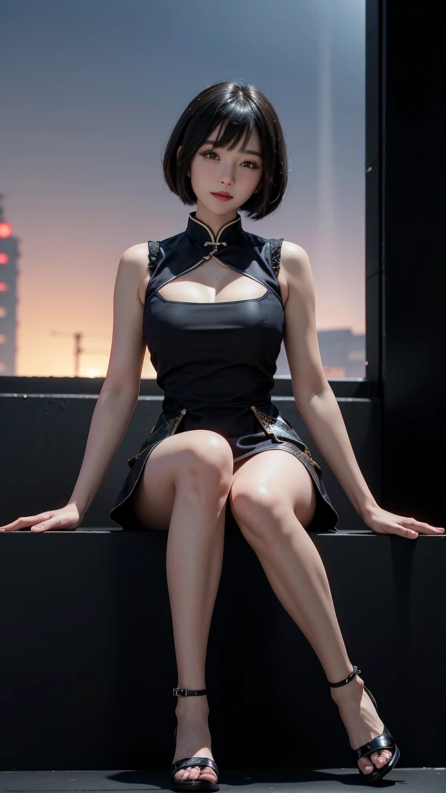 (masterpiece, best quality, photorealistic, cinematic), 1girl, (medium shot, from below, full body shot), (Japanese-looking girl), head-to-toe visibility, perfect anatomy, sexy body, alluring, perfect eyes, brown eyes, perfect hands, (lips slightly parted), perfect hands, (bursting breasts, large cleavage, round ass), long round legs, (black hair, bob cut hairstyle), (wearing a sexy yellow knee-high dress:1.3), (sitting crossed legs)