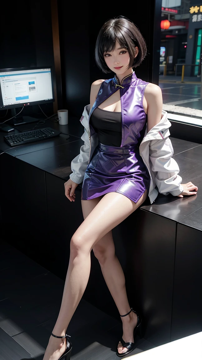 1 girl, beautiful face, long purple hair, flowing, bangs, blue pupils, red face, slightly open lips, white tight jumpsuit hip skirt (black and green moldings on both sides of the skirt), black stockings (length to upper knee), white booties (wrapped to ankles), kneeling position, full body, front view, detailed clothing details, dynamic angle, terminal harem, realistic, edge lighting, masterpiece 8k ultra hd, DSLR, high quality, high resolution, 8k, bokeh, absurd, Future science and technology venue interior, science fiction background, futuristic background, detailed background details, masterpiece, high quality,