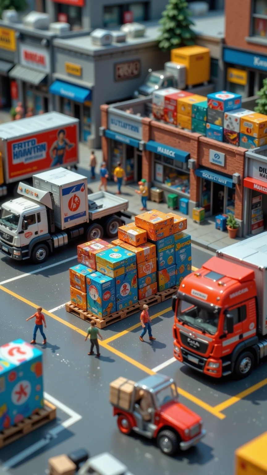 a 1:250 scale construction diorama of multiple storefronts being built, including LEGO, PS, and MARVEL shops. Tiny adult figurines wearing hard hats are assembling steel frames, carrying micro I-beams, and climbing scaffolding. Buildings are skeletal, with cranes and ladders towering over the sub-millimeter workers. Macro photography, strong DOF contrast.