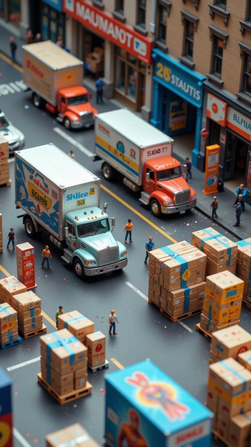 a 1:250 scale construction diorama of multiple storefronts being built, including LEGO, PS, and MARVEL shops. Tiny adult figurines wearing hard hats are assembling steel frames, carrying micro I-beams, and climbing scaffolding. Buildings are skeletal, with cranes and ladders towering over the sub-millimeter workers. Macro photography, strong DOF contrast.