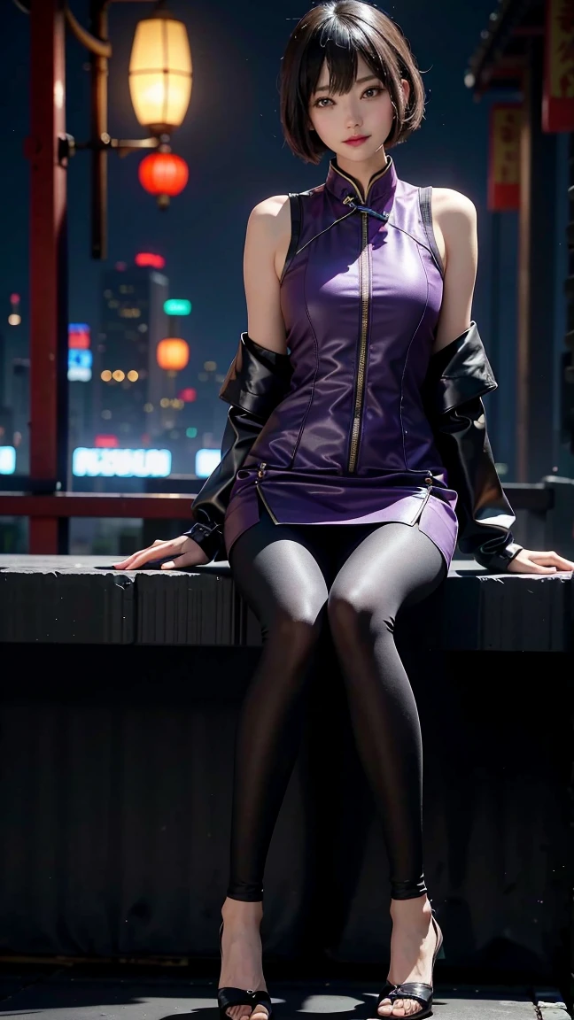 1 girl, beautiful face, long purple hair, flowing, bangs, blue pupils, red face, slightly open lips, white tight hip skirt (black and green lines on both sides of the skirt), black tunic belt (gold leather buckle), black stockings (length to upper knee), white booties (wrapped to ankles), kneeling position, full body, front view, seen from below, detailed clothing details, dynamic angle, terminal harem, realistic, edge lighting, masterpiece 8k ultra hd, DSLR, high quality, high resolution, 8k, bokeh, absurdity, futuristic tech venue interior, sci-fi background, futuristic background, detailed background details, masterpiece, high quality,