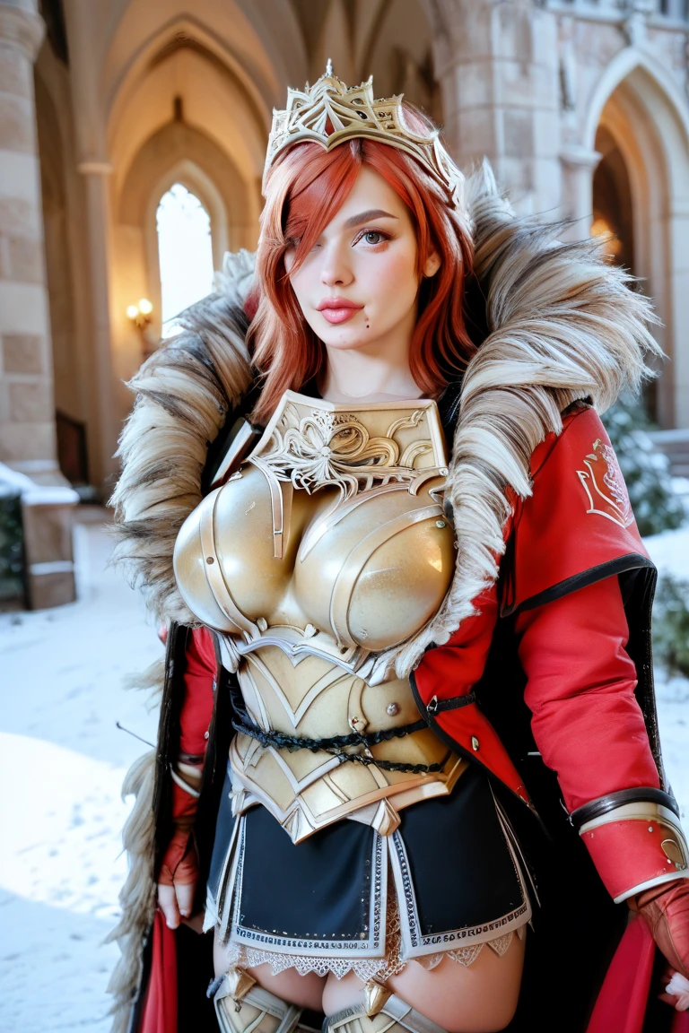 gwen tennyson,tracer,bulma,rebecca chambers,1girl,close up,face paint, medieval armor,gold neck jewelry,body tattoos,short hair,long dress,wolf fur, ceremonial cape,viking corset,tight skirt,snow forest,gold,amulets,tribal piercings and tattoos,white tribal top,fishnet pantyhose,green eyes,orange hair,shy smile,freckles,redhead,beautiful girl,large breasts,thigh high boots,ultra detailed,realistic,fantasy art,garter belt,braided hair,holding an axe,battle pose,