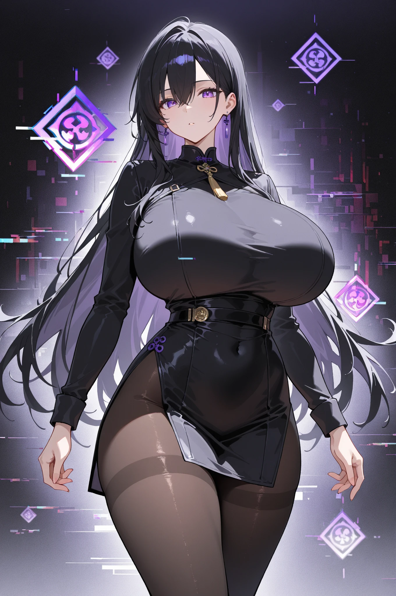 Cheongsam Girl,Half Up,Purple Hair,Purple eyes,Long Hair,Blunt bangs,cowboy shot,Pure white background,Big Breasts,Depth of written boundary,(Low angle view:0.9),Calf Level View,Overclocked Renderer,Cinema Lighting,masterpiece,Ultra-fine,Very detailed,complicated,Cinematic Perspective,CG Art,Looking at me,