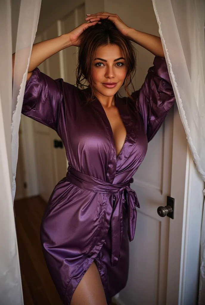 (masterpiece, best quality), 1girl,  Smoky Purple Sleek Low Bun, Size A breasts,  short bathrobe