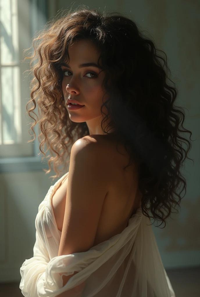 a beautiful latina girl, long curly hair, soft skin, self-admiration, sensual feet worship, elegant pose, serene expression, warm lighting, highly detailed, photorealistic, 8k, intricate details, glowing skin, naturalistic, graceful, feminine, alluring, mystical