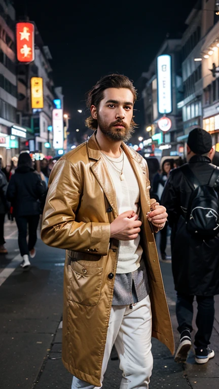 long hair white man、male people。Hair color is、wearing silver briefs、Walking through a Japanese shopping street。