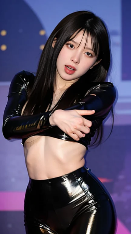 Highest quality,masterpiece,Very detailed, 8K,Beautiful 27 year old Japanese woman:1.5, Small face, blunt bangs, Crucifixion, (Detailed black K-pop idol outfit:1.5), Ecstatic expression、 Breast Augmentation Surgery, Very detailedな臭い脇の下、 Live Stage、 tall