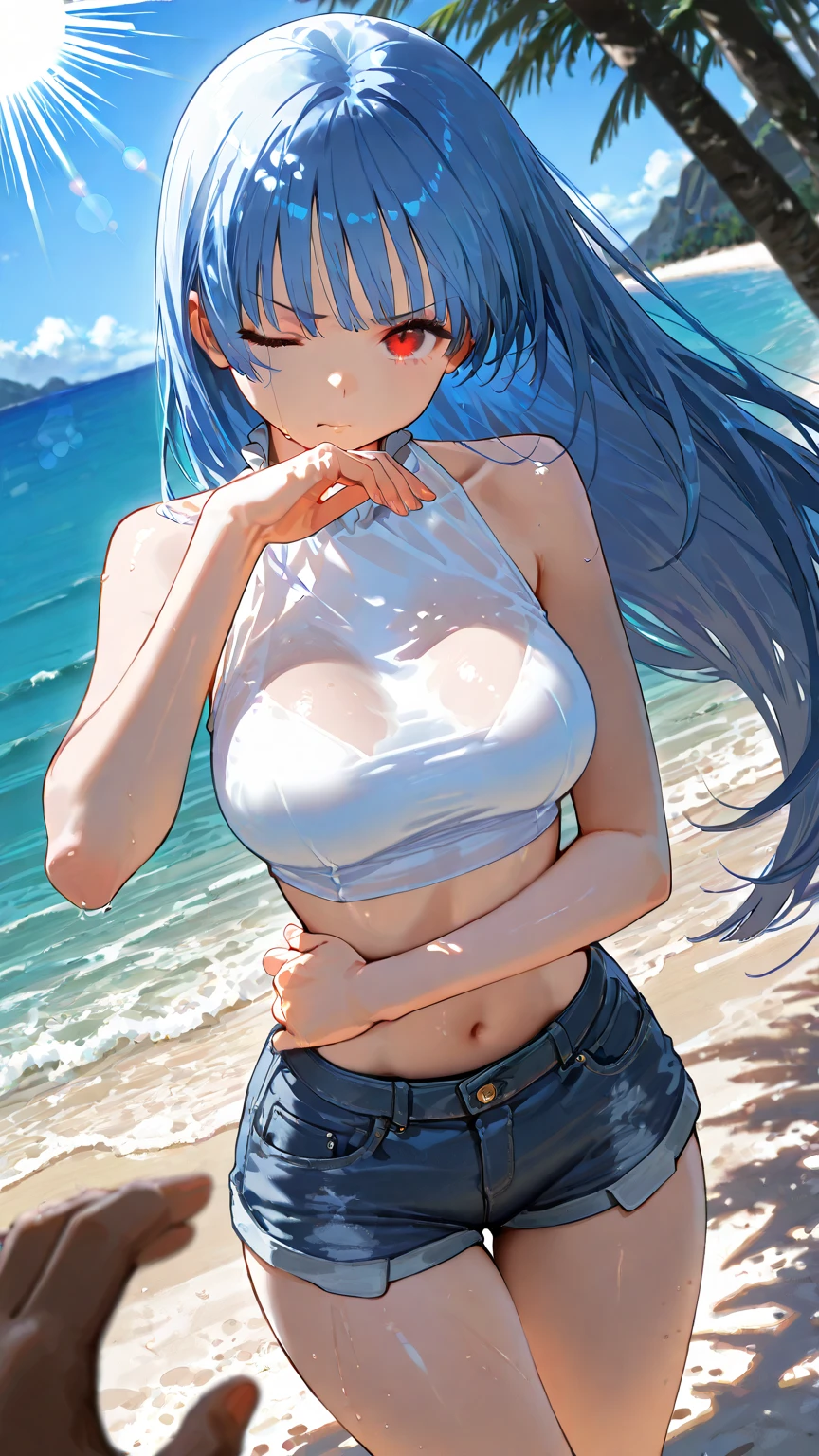 masterpiece, Photo of akane kurokawa, Aqua Eye, Blue Hair, ((Medium Hair)), Side Lock, big breasts、Wearing a bikini on a sunny beach, (Wet skin and hair:1.5), (White skin), (sweating) ,(Beautiful views),(Perfect Face), masterpiece, blush, One girl, alone, Smooth anime CG art.