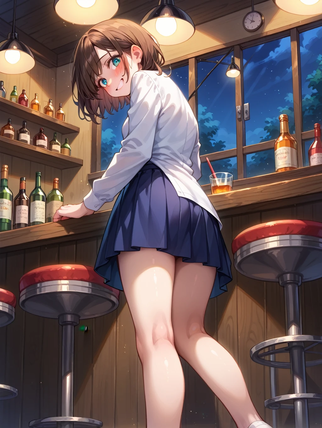 (masterpiece、highest quality、High resolution、realistic pictures、real looking skin:1.1)、
(The woman lifts her skirt and reveals her panties.々I'm showing it to:1.8)、
(standing:1.8)、
(A provocative and grinning expression:1.5),
(She is wearing a white short-sleeved turtleneck sweater:1.5)、
(She is wearing a dark grey pleated mini skirt.:1.5)、
(I am wearing black middle boots.:1.5)、
(The panties are simple white cotton.:1.5)、
(brown short hair:1.5)、
(Location: Cafe Bar:1.5)、
1 Japanese girl、solo、full body esbian、beautiful eyes、shining eyes、Shining thighs、NSFW
