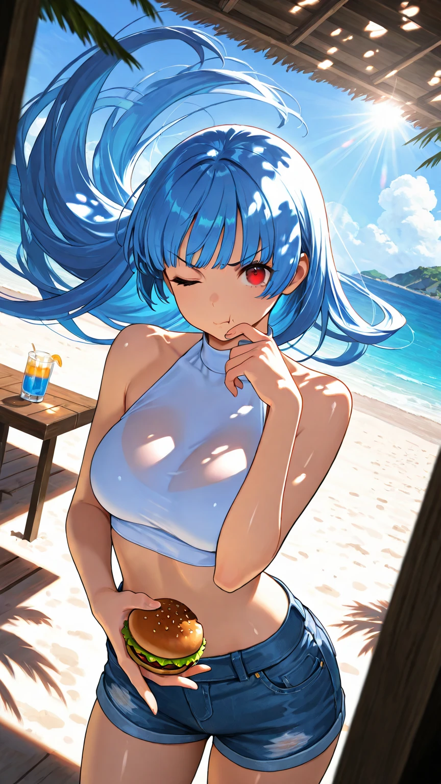 (Masterpiece, BestQuality:1.3), (ultra detailed:1.2), (hyperrealistic:1.3), (RAW photo:1.2), High detail RAW color photo, professional photograph, (Photorealistic:1.4), (realistic:1.4), professional lighting, perfect anatomy, (Big Breasts:1.2), (blush, detailed face), (cheerful Smile:1.5), (Blue Hair:1.5), Trending Hair&Trending Hairカラーをランダムに, earrings, necklace, bracelet, sexly, erotic sexly, Random sexy gravure poses, (ビキニを着た長いBlue Hairの美女が、Looking back and smiling on the beach。Not wearing pants。I can see your ass。She is smiling happily。:1.3)