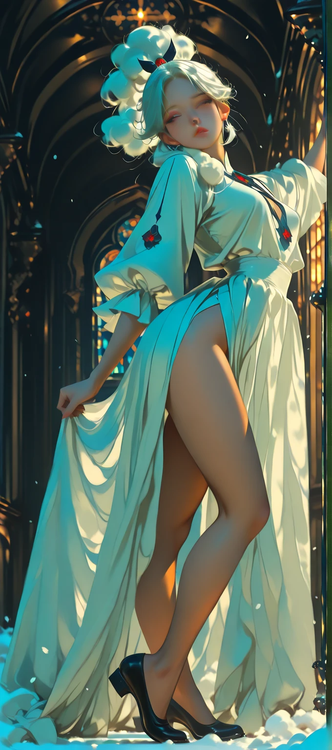 Short lilac hair,bell,Light blue eyes，Red floral tattoo,Crystal earrings,jitome,(surrealism:1.1),(Cinematic lighting:1.05),(reflective light:1.1),(letterboxed:1.15),(tachi-e:1.05),(From behind:1.1),hyper HD,Masterpiece:(1.2),(High details:1.1)