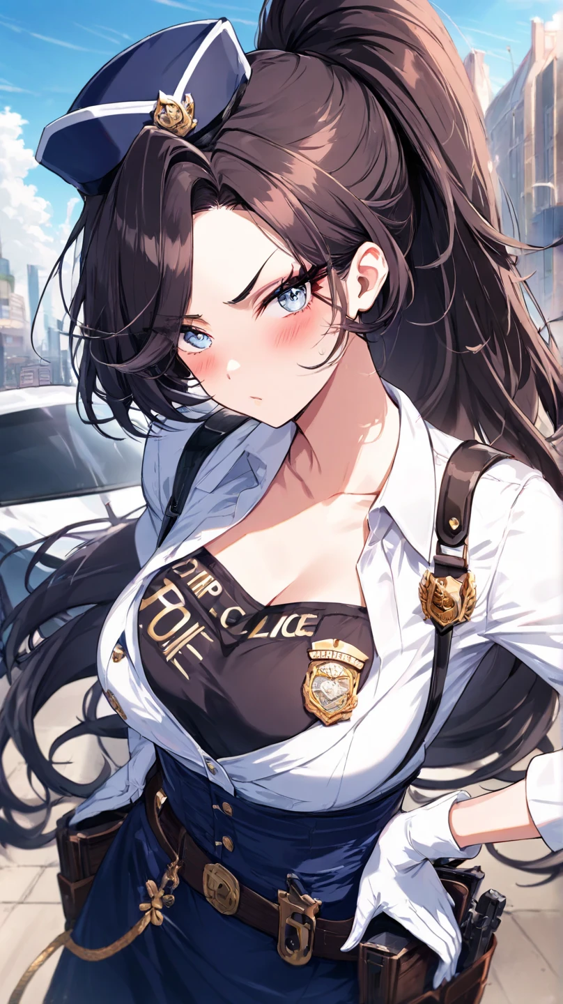 takumi, 1girl, black hair, long hair, brown eyes, large breasts, solo, mall, shopping center,indoors, blush, lipstick, jewelry, earrings, Hot girl, baddie, mean girl, sensual, attractive,masterpiece, best quality, highly detailed, a anime girl in police uniforms , police outfit, military outfit,
open mouth, cleavage, evil smile, smile, ecchi anime style, anime girl, digital anime art!!, in anime
style, (nsfw) not safe for work, official artwork, , beautiful anime girl, anime style 4 k, micro pencil
skirt, pencil skirt, micro skirt, exposed
belly, exposed navel, exposed midriff, exposed lower belly, holding a gun, holding pistol,next to police
car,outdoor,street,road, police car